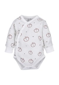 White long-sleeve baby bodysuit with brown apple pattern, featuring snap closure and soft cotton fabric for comfort.