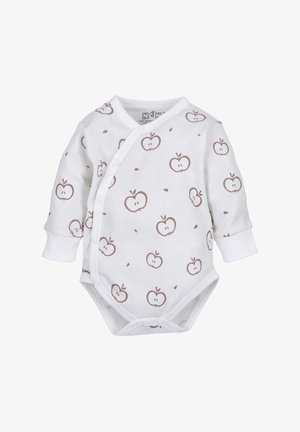 Weißer Langarm-Babybody mit braunem Apfelmuster, ausgestattet mit Druckknopfverschluss und weichem Baumwollstoff für hohen Komfort.