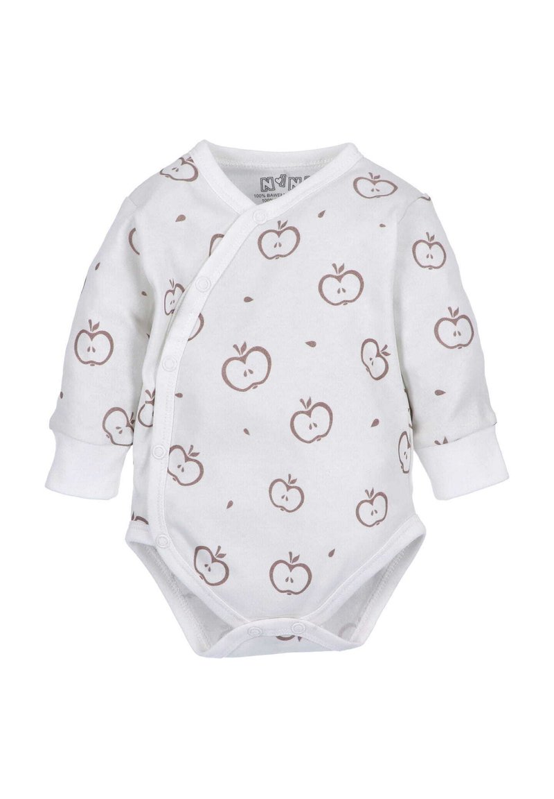 White long-sleeve baby bodysuit with brown apple pattern, featuring snap closure and soft cotton fabric for comfort.