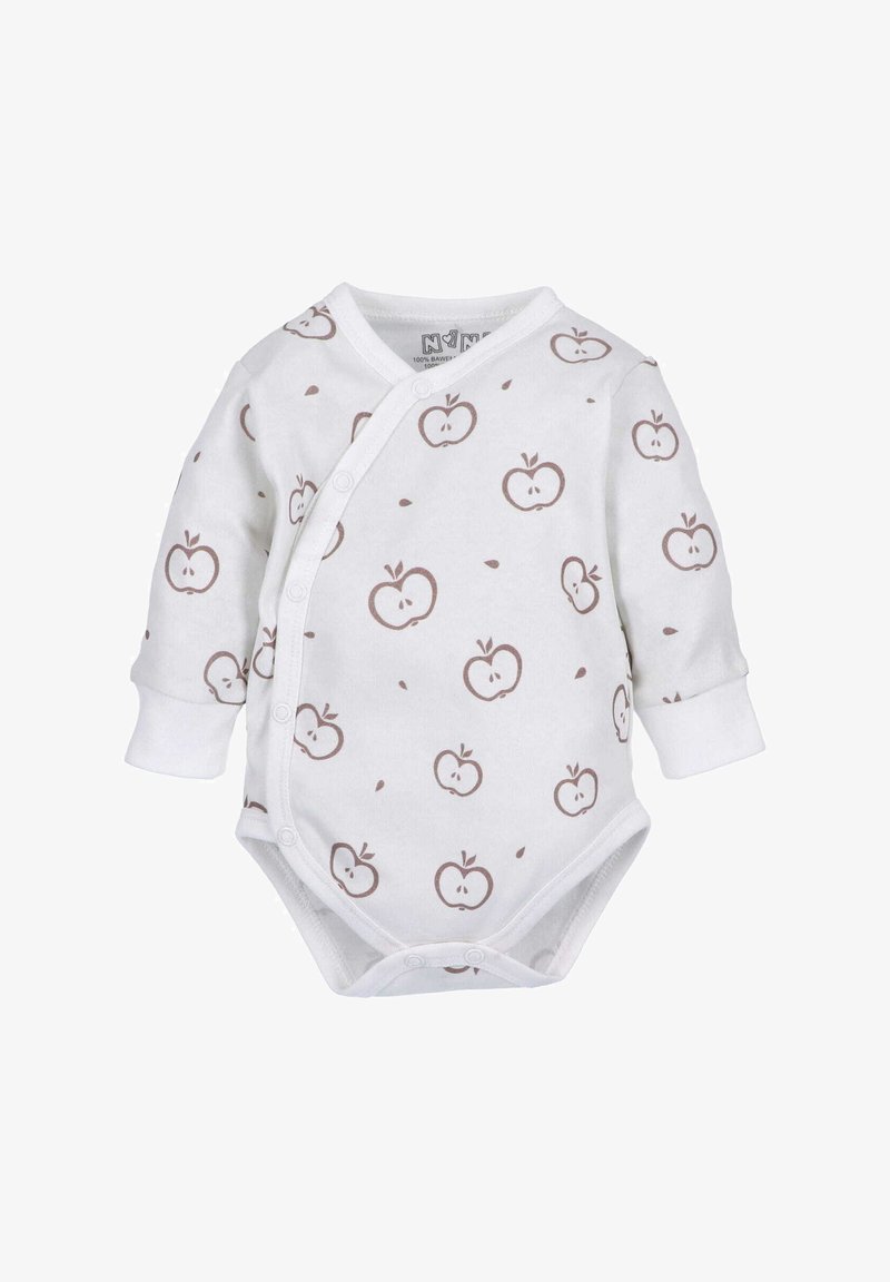 White long-sleeve baby bodysuit with brown apple pattern, featuring snap closure and soft cotton fabric for comfort.