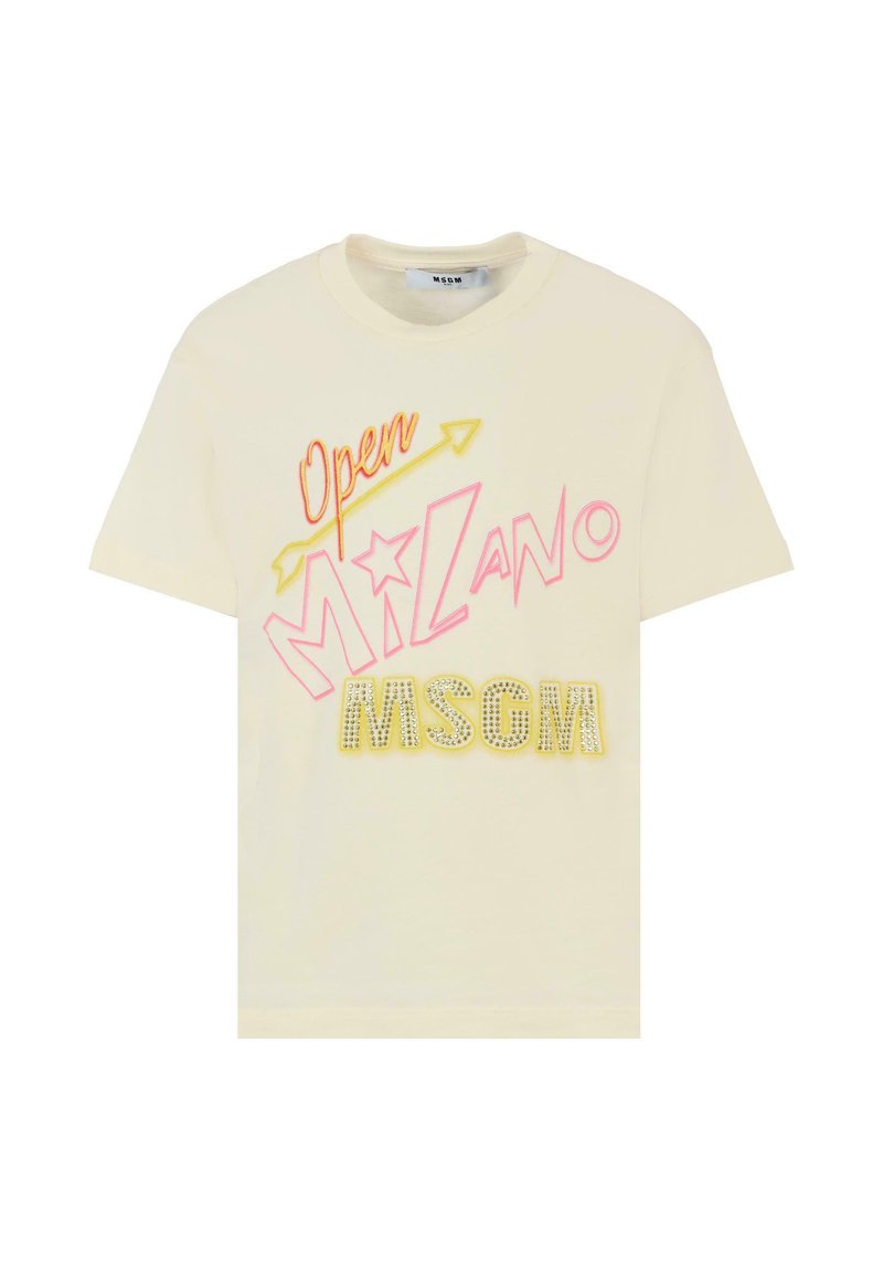 T-shirt in cotone color crema con testo grafico in arancione, rosa e lettere decorate. Maniche corte e colletto a girocollo.