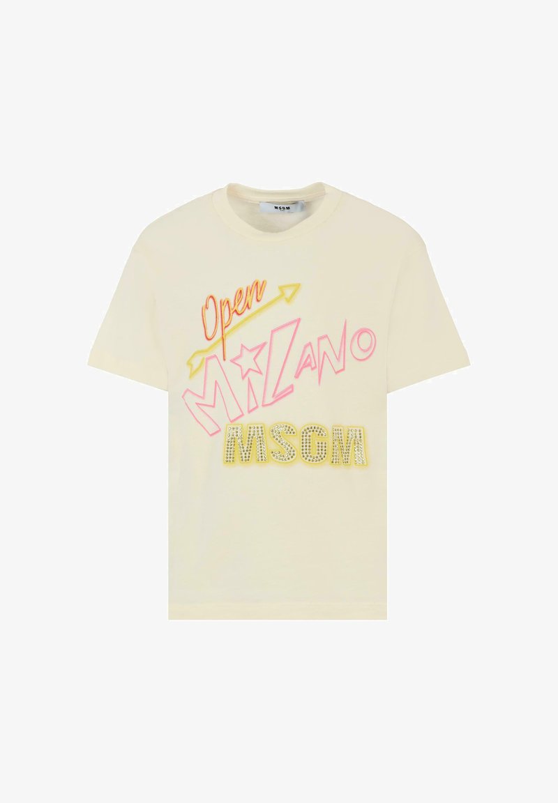 Crème-kleurig katoenen t-shirt met grafische tekst in oranje, roze en versierde letters. Korte mouwen en een ronde halsline.