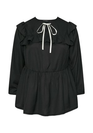 Blusa negra de manga larga con yugo y cintura con volantes, escote redondo y detalle de lazo blanco en la parte delantera.