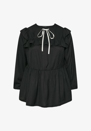 Czarna bluzka z długim rękawem, z falbanką na yoku i w talii, okrągłym dekoltem oraz białą wstążką z przodu.