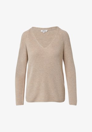 Bēšas adītas džemperis ar V veida kakla izgriezumu, garām piedurknēm un ribotu tekstūru. Audumam ir mīksta, viegla izskats.