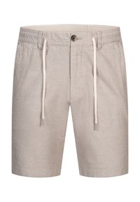 Shorts beige din in, cu talie elastică, șnur și închidere cu un singur buton. Prezintă buzunare laterale și un material texturat.