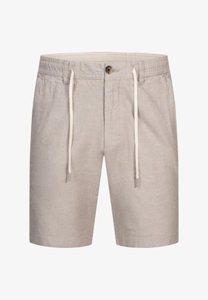 Beżowe lniane szorty z elastycznym pasem, sznurkiem oraz pojedynczym zapięciem na guzik. Posiadają kieszenie boczne oraz fakturowany materiał.