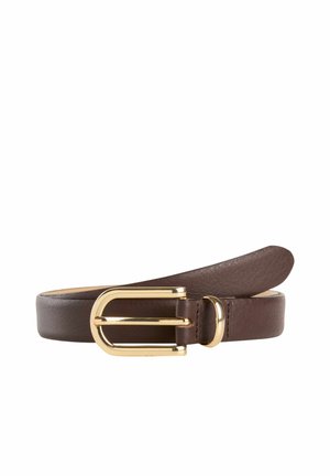 Cintura in pelle marrone con una texture liscia, con una fibbia rettangolare in tono oro e un singolo passante per la regolazione.