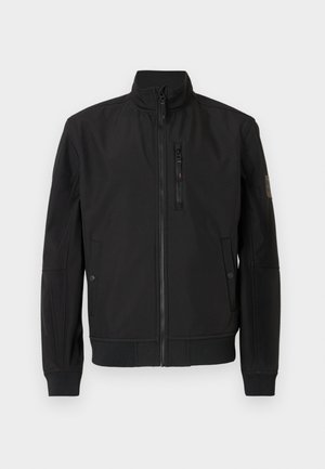 Veste noire en tissu lisse, dotée d'un col montant, d'une fermeture éclair frontale intégrale, de poches latérales et de poignets et ourlet côtelés.