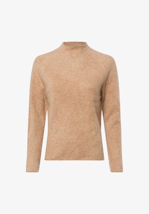 Light brown sweater made of a soft, textured material with a high neckline and long sleeves, featuring a simple, relaxed fit design.