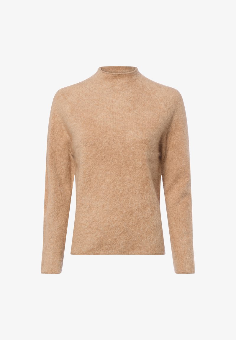 Hellbrauner Pullover aus einem weichen, strukturierten Material mit hohem Kragen und langen Ärmeln, der ein einfaches, lässiges Design mit lockerer Passform aufweist.