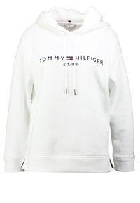 Biała bluza z kapturem na sznurku, z logo "TOMMY HILFIGER" w kolorach czarnym, czerwonym i niebieskim. Miękka tkanina z bocznymi rozcięciami na dole.