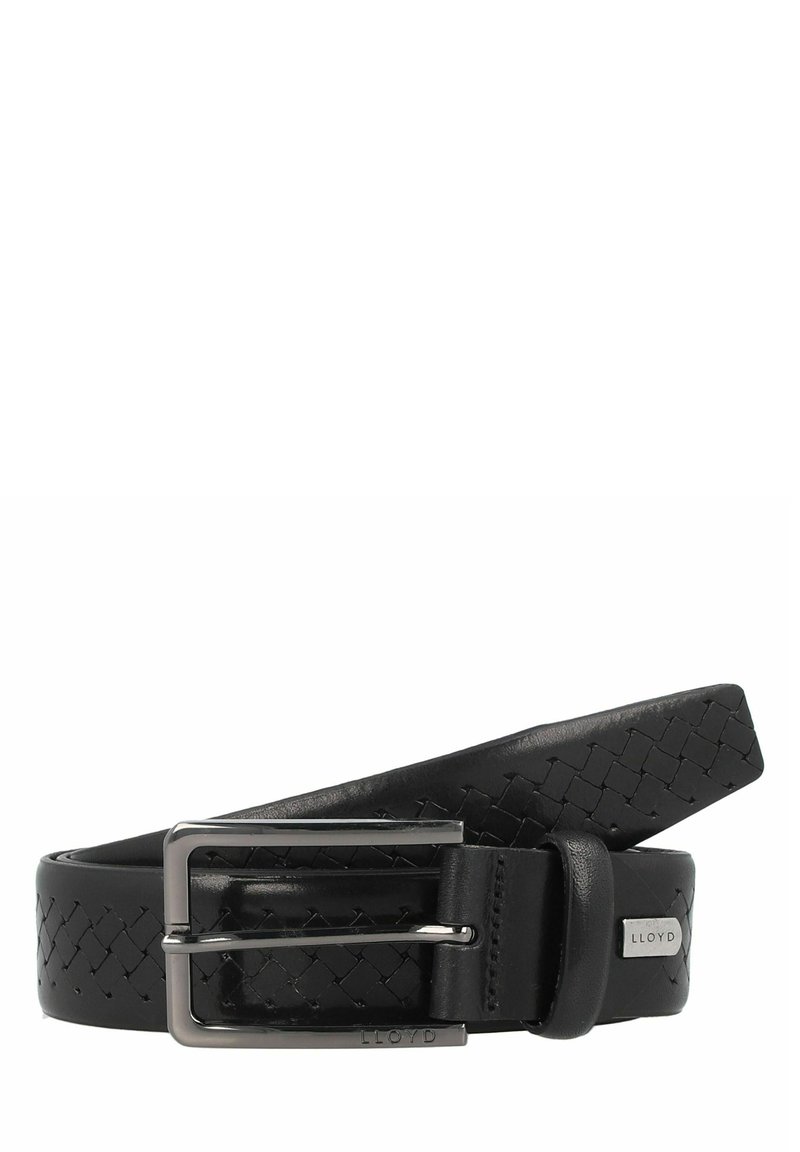 Cintura in pelle nera con texture intrecciata, fibbia in metallo argentato e un sottile dettaglio con branding. Finitura liscia con un design classico.