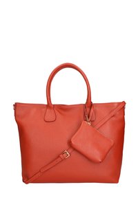 Borsa tote rossa in pelle con manici corti e una pochette rimovibile. Finitura testurizzata. La pochette presenta una cerniera e hardware in tonalità oro.