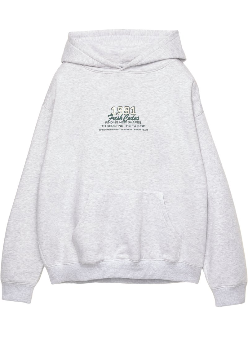 Felpa con cappuccio grigia realizzata in misto cotone, con tasca frontale e testo stampato in verde e blu, compreso l'anno "1991".