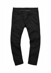 Pantalones negros hechos de una tela suave con un diseño de pierna recta, que cuentan con bolsillos frontales, cremallera y cierre de botón.