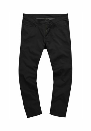 Mustat housut, jotka on valmistettu sileästä kankaasta ja joissa on suora lahje, etutaskut, vetoketjukiinnitys ja napitus.