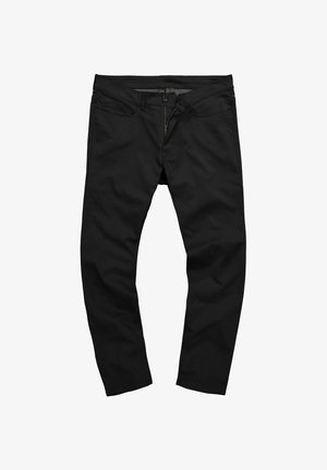 Pantalon noir en tissu lisse avec une coupe droite, doté de poches frontales, d'une fermeture éclair et d'une fermeture à bouton.