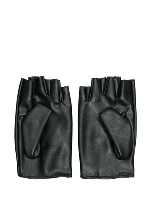 Paire de gants en cuir noirs sans doigts avec protections pour le pouce, posés à plat sur un fond blanc.