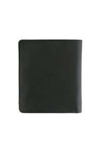 Portefeuille en cuir noir avec une texture lisse, forme carrée, design plié et couture visible le long des bords. Aucun motif supplémentaire ni élément métallique.
