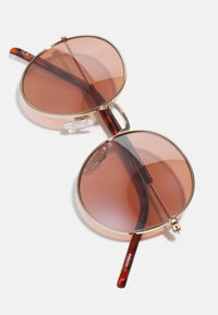 Lunettes de soleil teintées de rose avec de grandes lentilles rondes, monture en métal doré, branches en écaille de tortue et plaquettes de nez pour le confort.