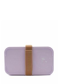 Bijela kutija za ručak od biološki razgradivih plastika, lavanda boje, pravokutnog oblika, sa zatvaranjem od smešnog platna, s grafikom medvjeda i natpisom "uživajte u obroku".