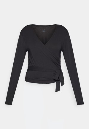 Haut noir à manches longues enroulé avec un col en V, comportant un lien latéral. Fabriqué en tissu doux et lisse avec une silhouette ajustée.