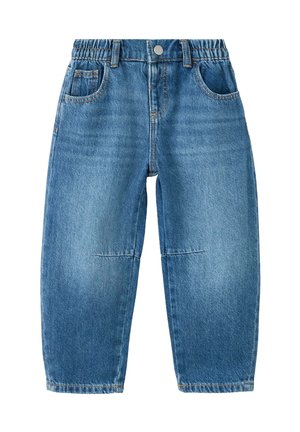 Pantaloni in denim blu per bambini con vita elastica, bottone frontale e design classico con cinque tasche su sfondo bianco.