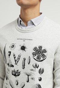 Sudadera gris con ilustraciones botánicas negras y texto. Presenta un cuello acanalado y mangas largas, combinada con una camisa abotonada debajo.