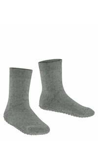 Graue Baumwollsocken mit einem gerippten Bündchen und einer rutschfesten, strukturierten Sohle. Das Design zeigt eine Mittelhochlänge und eine glatte Optik.