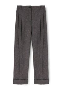 Pantalones de color gris oscuro con un patrón texturizado, que cuentan con dos pliegues delanteros y puños enrollados. Se cierran con un botón en la cintura.