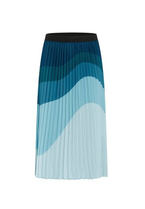Jupe plissée avec une taille noire, présentant des vagues dégradées dans des nuances de bleu, de sève et de bleu clair, mettant en valeur un tissu lisse et texturé.