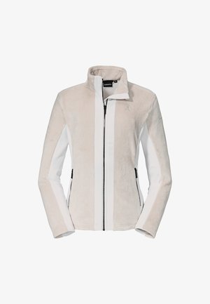 Beige a bílá bunda s vysokým límcem, vyrobená z měkkého materiálu. Má přední zip a boční kapsy, s logem na hrudi.