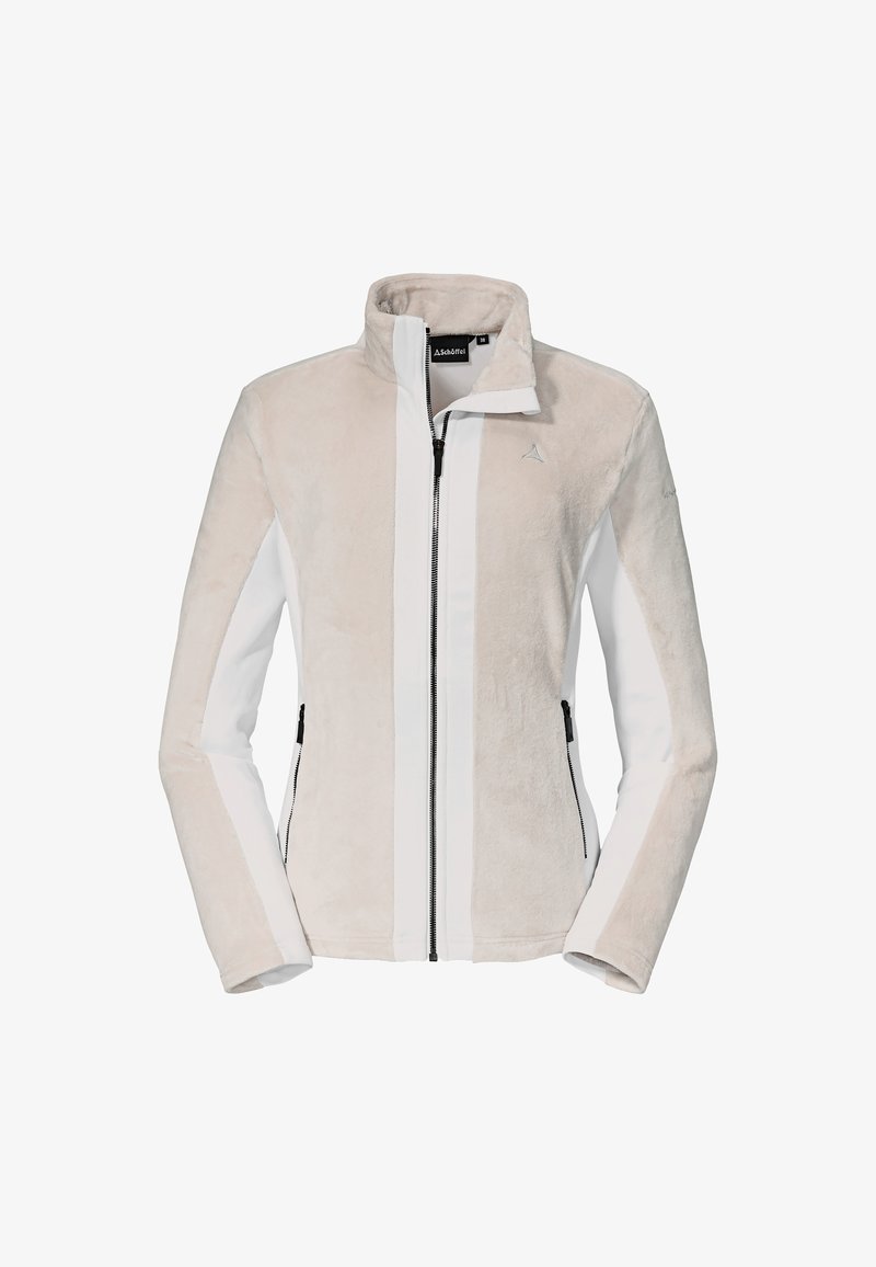 Giacca beige e bianca con colletto alto, realizzata in tessuto morbido. Presenta una zip frontale e tasche laterali, con un logo sul petto.