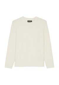 Sweter z długim rękawem w kolorze kremowym, wykonany z miękkiego materiału, z okrągłym dekoltem. Charakteryzuje się minimalnym wykończeniem szwów i lekko luźnym krojem. Brak wzorów i akcentów.