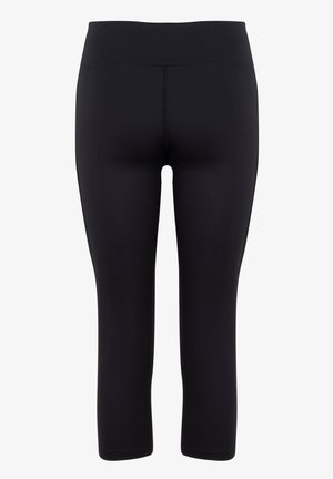 Czarne legginsy 3/4 z elastycznego materiału, z wysokim stanem i bezszwowym designem, zapewniającym komfort i elastyczność.