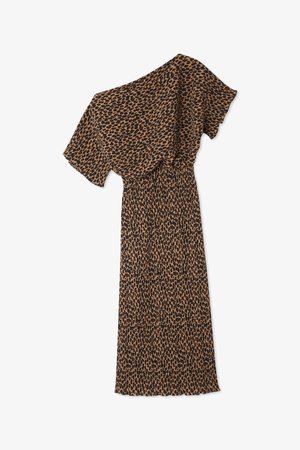 Sukienka w panterkę wykonana z miękkiego, lekkiego materiału. Posiada asymetryczny dekolt i krótkie, luźne rękawy. Swobodny krój z długą spódnicą.