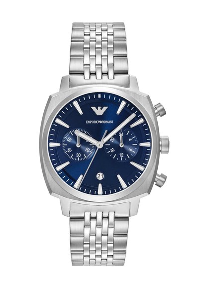 Edelstahl-Chronographuhr mit blauem Ziffernblatt, silbernen Stundenmarkierungen und Datumsanzeige; verfügt über ein geflochtenes Metallarmband.