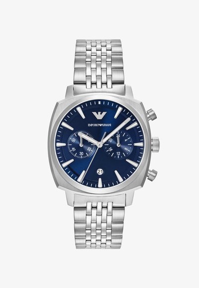 Edelstahl-Chronographuhr mit blauem Ziffernblatt, silbernen Stundenmarkierungen und Datumsanzeige; verfügt über ein geflochtenes Metallarmband.