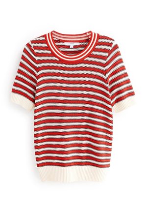 Kurzärmeliger Strickpullover mit horizontalen Streifen in Rot, Weiß und Schwarz, geripptem Rundhalsausschnitt, Bündchen und Saum.