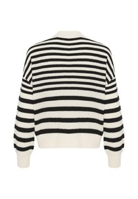 Pull en tricot rayé avec un motif noir et blanc, poignets et ourlet côtelés, et une coupe décontractée. La vue de dos montre de larges rayures horizontales.