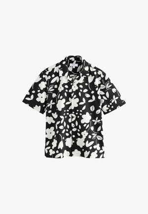 Korte mouwen shirt in het zwart met een wit bloemenpatroon, voorzien van een kraag en knopen aan de voorkant, gemaakt van een gladde stof.