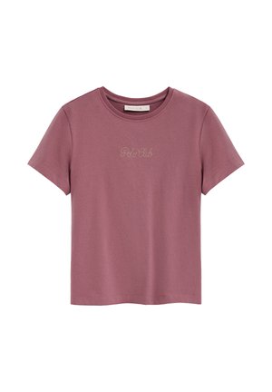 Mauvekleurig T-shirt met korte mouwen en ronde hals, met "Polo Club" gestikt op de borst, gemaakt van zachte stof, maatlabel zichtbaar aan de binnenkant van de kraag.
