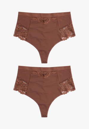 Brune højtaljede trusser med blomsterlacemfyld på siderne. Glat stoftekstur, dekorativ lacekant langs talje og benåbninger.