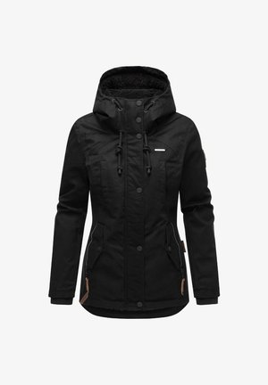 Čierna zateplená bunda s kapucňou, s vreckami na zips a gombíky, ribovanými manžetami, textúrovanou podšívkou a s nastaviteľným šnúrkovým sťahovaním.