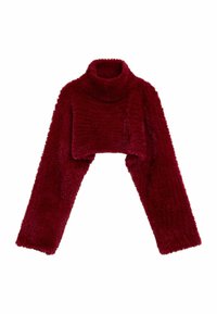 Pulover scurt burgund cu guler înalt, realizat din material moale și pufos. Prezintă mâneci lungi și largi și o suprafață texturată.