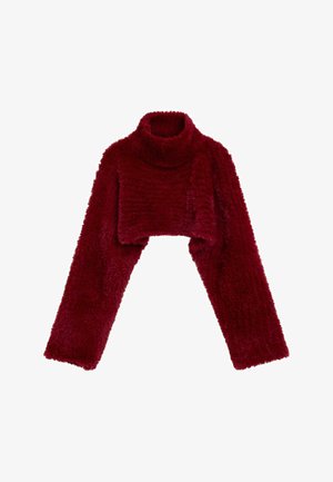 Bordeauxfarbener, kurz geschnittener Pullover mit hohem Kragen, gefertigt aus weichem, flauschigem Material. Verfügt über lange, weite Ärmel und eine strukturierte Oberfläche.