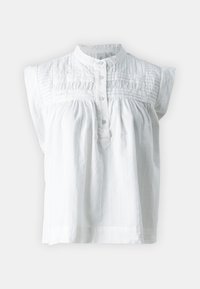 Balta kokvilnas bezpalauzu blūze ar stāvošu apkakli, priekšējo pogu aizdari, smocētu detaļu un vertikālu svītru tekstūru uz priekšpuses.