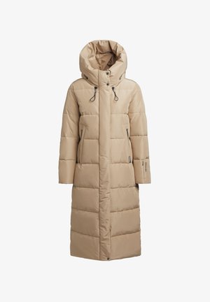 Beige Daunenmantel mit hohem Kragen, übergroßer Kapuze, frontaler Reißverschluss und zwei seitlichen Taschen. Mit gestepptem Design und Kordelzug-Details.