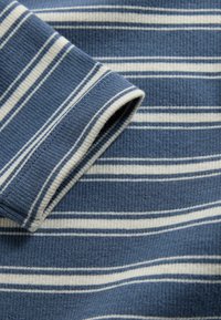Blue and white horizontal striped ribbed knit fabric with a folded sleeve corner visible in the upper left area.